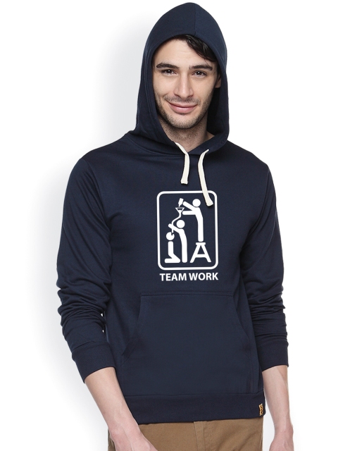 

Campus Sutra Navy Printed Hooded Sweatshirt, Navy blue