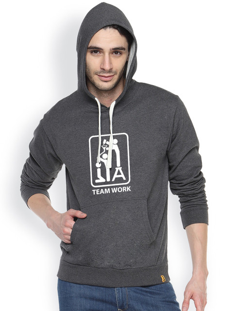 

Campus Sutra Grey Printed Hooded Sweatshirt