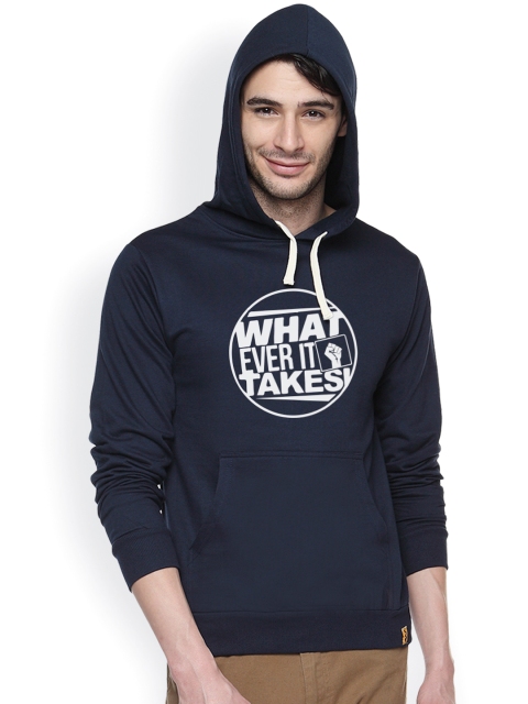 

Campus Sutra Navy Printed Hooded Sweatshirt, Navy blue