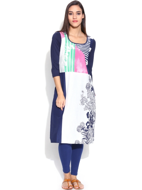 

W White & Navy Printed Kurta