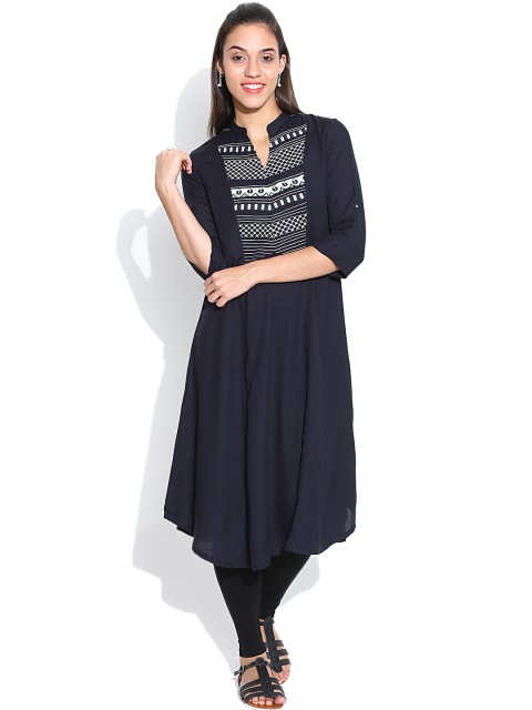 

W Navy Embroidered A-Line Kurta, Navy blue