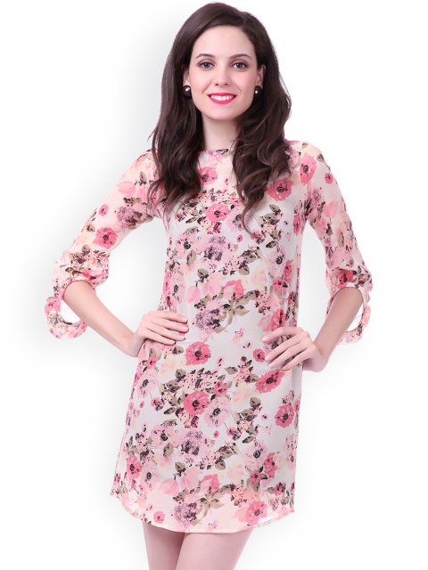 

SASSAFRAS Peach-Coloured Printed Shift Dress