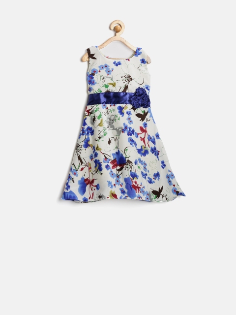 

Winakki Girls Off-White & Blue Floral Print Fit & Flare Dress