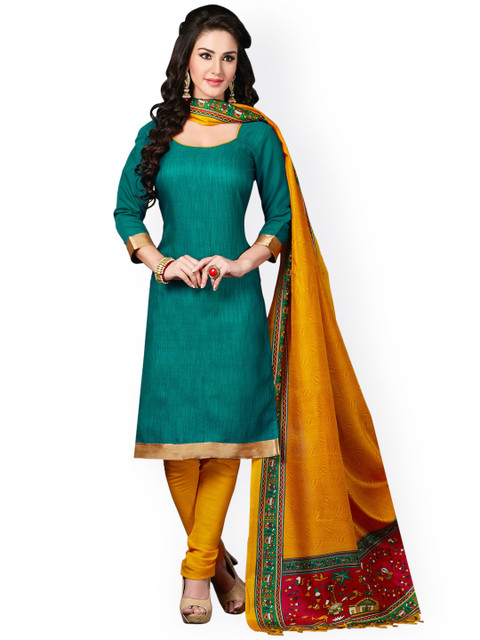 

Saree mall Green & Mustard Yellow Silk Unstitched Dress Material
