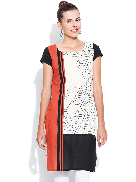 

W White & Black Colourblock Printed Kurta