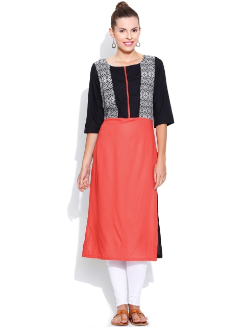 

W Coral Red & Black Panelled Kurta