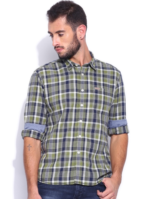 

Flying Machine Olive Green & Navy Checked Casual Shirt