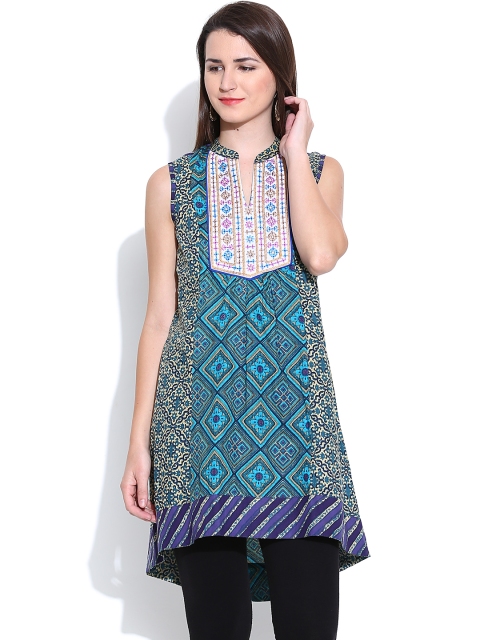 

Rain & Rainbow Blue & Beige Printed Panelled A-Line Kurta