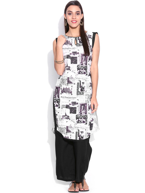 

Jaipur Kurti White & Black Printed Kurta with Palazzo Trousers