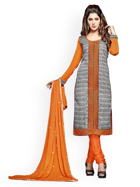 

Saree mall Grey & Orange Embroidered Chanderi Unstitched Dress Material