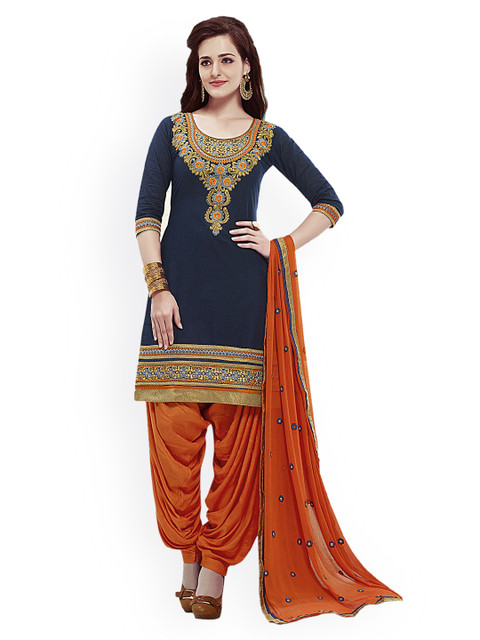 

Saree mall Navy & Orange Embroidered Unstitched Dress Material, Navy blue