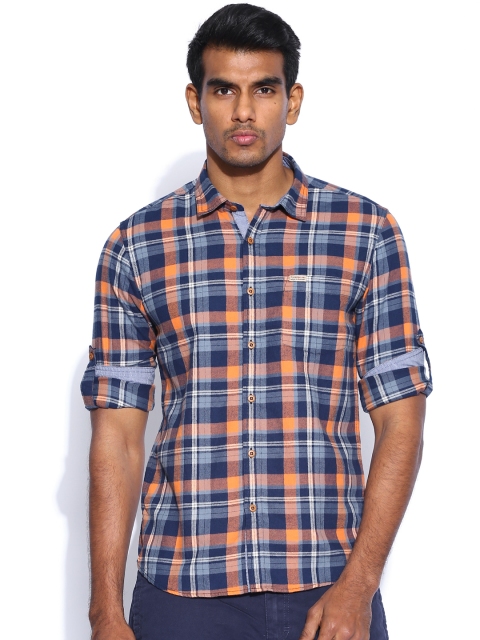

Flying Machine Blue & Orange Checked Casual Shirt