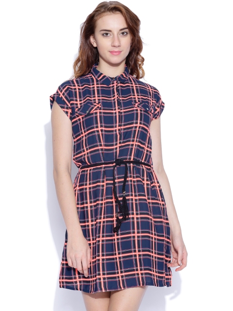 

Tokyo Talkies Navy & Neon Pink Checked Belted Dress, Navy blue