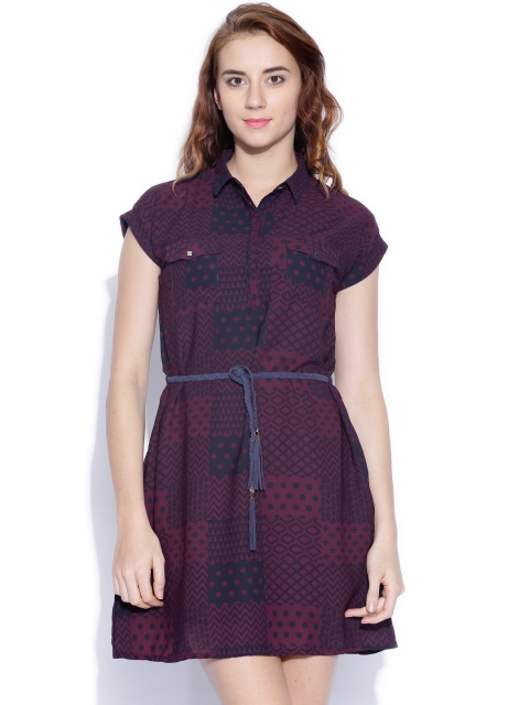 

Tokyo Talkies Purple & Navy Printed Belted Dress