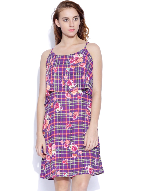 

Tokyo Talkies Purple & Neon Pink Printed A-Line Dress