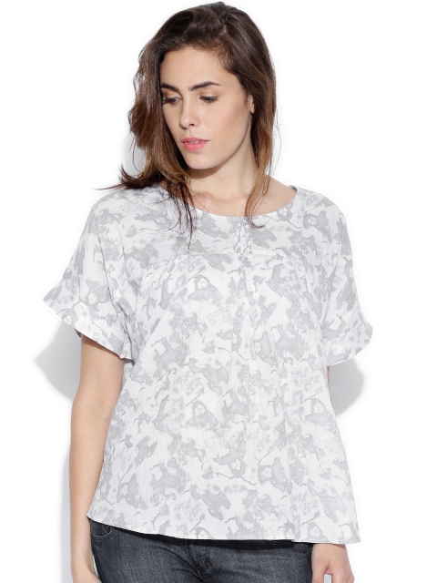 

Tokyo Talkies White & Grey Printed Pure Cotton Top