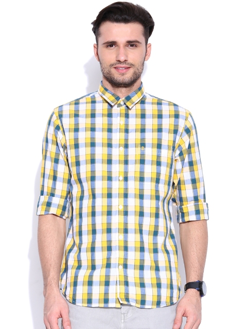 

IZOD Yellow & Off-White Checked Hunter Slim Casual Shirt