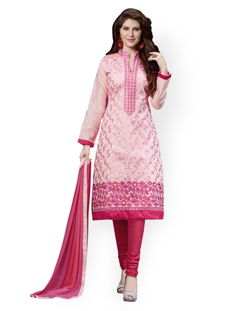 

Blissta Pink Embroidered Chanderi Cotton Unstitched Dress Material