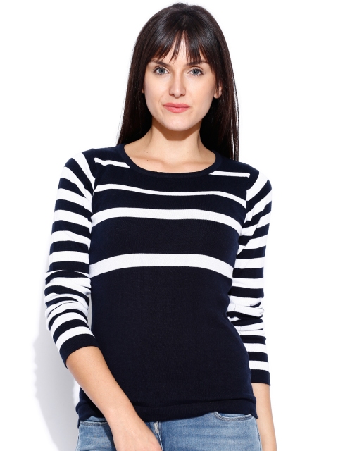 

Manola Navy & White Striped Top, Navy blue