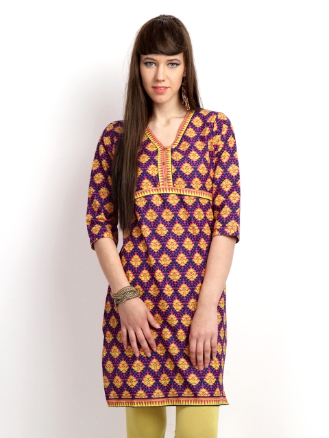 

Aurelia Women Yellow & Navy Printed Kurta, Navy blue