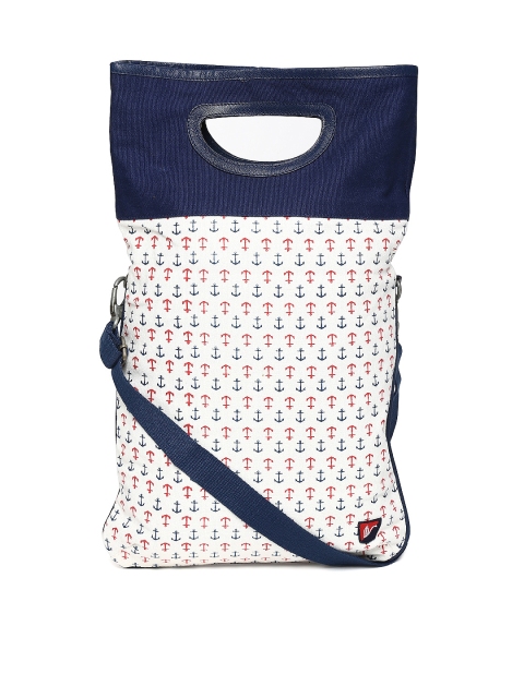 

American Swan Women White & Navy Printed Tote Bag