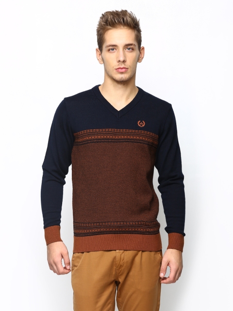 

Arrow Sport Men Navy & Rust Brown Merino Wool Blend Sweater, Navy blue