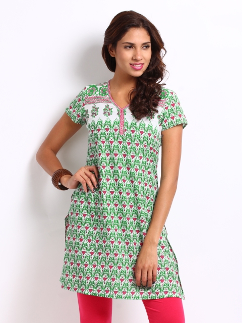 

Aurelia Women White & Green Printed Kurti