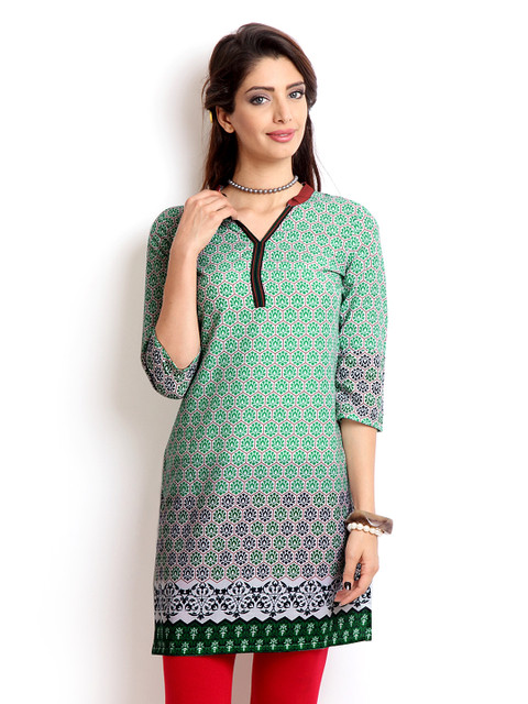 

Aurelia Women White & Green Printed Kurta