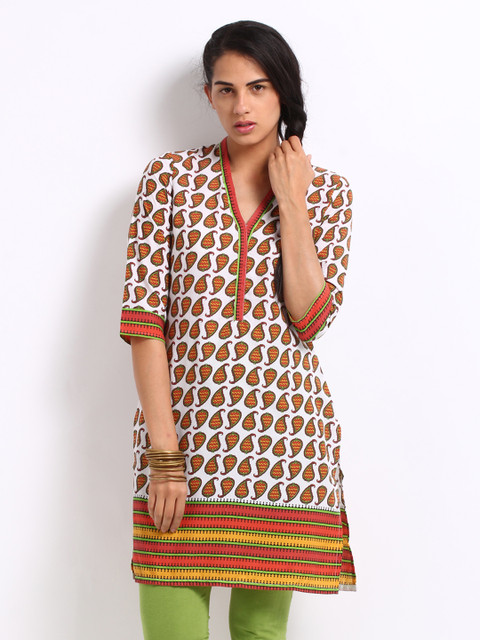 

Aurelia Women White & Orange Printed Kurta