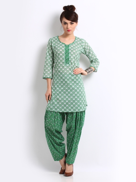 

Ayaany Women Green & White Printed Patiala Kurta Set