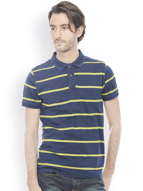 

Basics Men Navy & Yellow Muscle Fit Striped Polo T-shirt, Navy blue