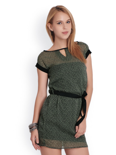 

Belle Fille Dark Green & Black Printed Shift Dress