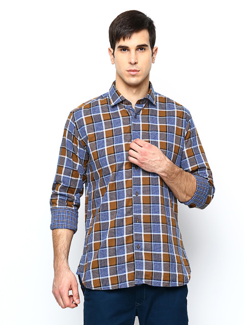 

Blackberrys Men Blue & Brown Checked Slim Fit Casual Shirt