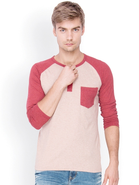 

Campus Sutra Men Light Brown & Red Henley T-shirt