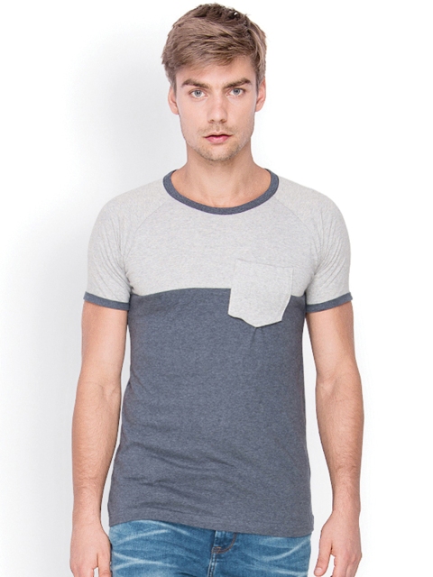 

Campus Sutra Men Grey Melange and Blue T-shirt