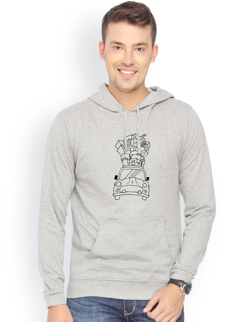 

Campus Sutra Men Grey Printed Hooded Sweatshirt
