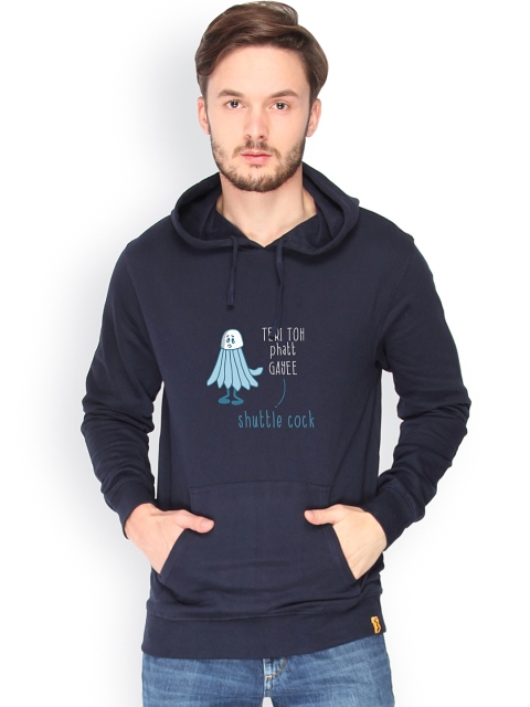 

Campus Sutra Men Navy Printed Hooded Sweatshirt, Navy blue