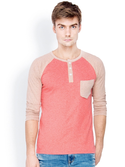 

Campus Sutra Peach-Coloured Henley T-shirt