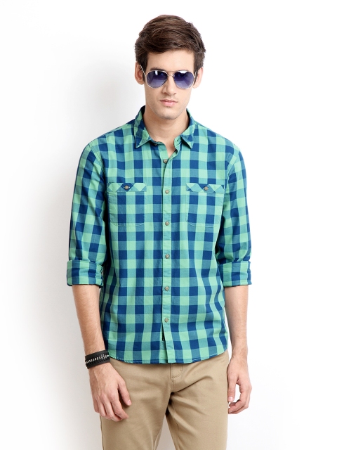 

Cherokee Men Blue & Sea Green Checked Slim Fit Casual Shirt