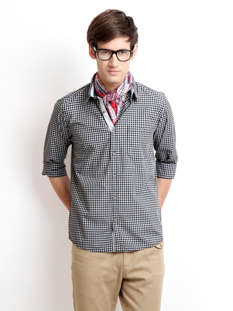 

Cherokee Men Navy & Grey Checked Slim Fit Casual Shirt, Navy blue