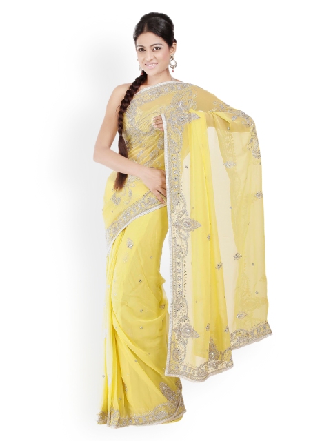 

Chhabra 555 Yellow Embroidered Georgette Fashion Saree