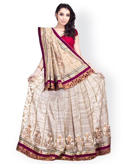 

Chhabra 555 Beige & Maroon Embroidered Art Silk Lehenga Saree