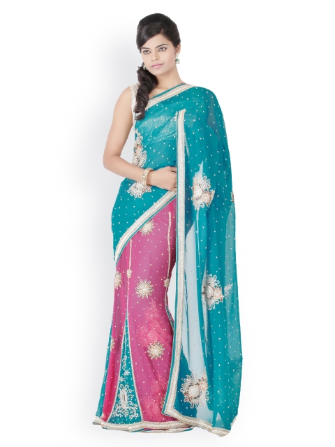 

Chhabra 555 Blue & Pink Embroidered Georgette Partywear Lehenga Saree