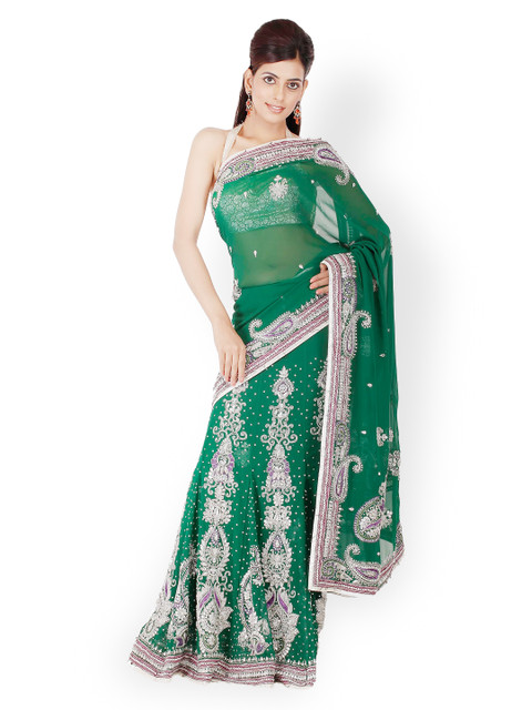 

Chhabra 555 Green Embroidered Georgette Partywear Saree