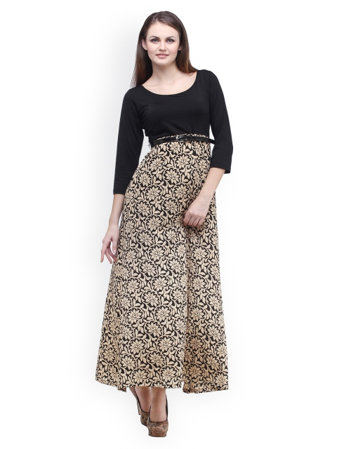 Black Colored Printed Maxi Dress With Belt