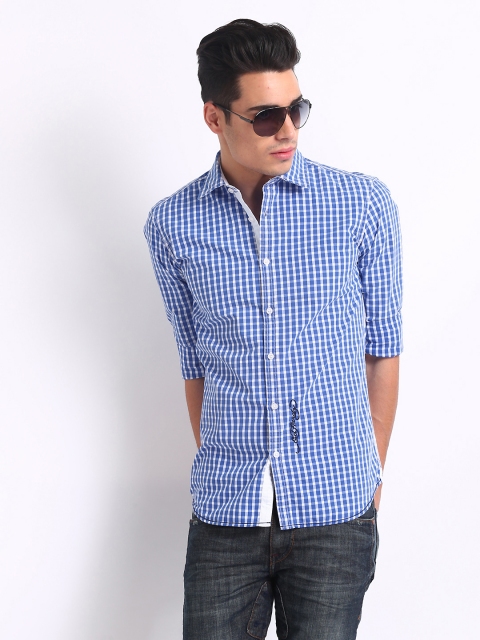 

Ed Hardy Men Blue & White Checked Casual Shirt