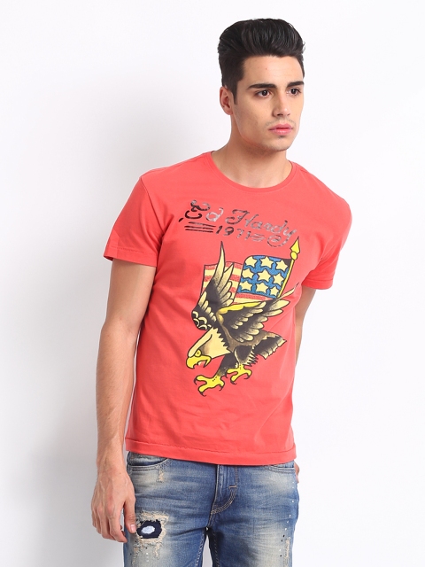 

Ed Hardy Men Coral Orange Printed Pure Cotton T-shirt