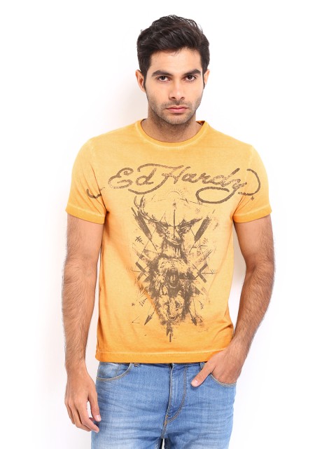 

Ed Hardy Men Mustard Yellow Printed T-shirt