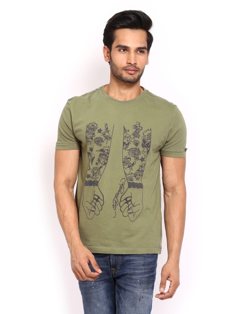 

Ed Hardy Men Olive Green Printed Pure Cotton T-shirt