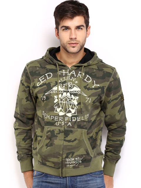 

Ed Hardy Men Olive Green Hooded Printed Sweatshirt
